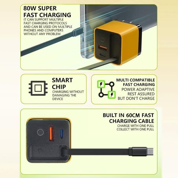 ✨- 3 in 1 Charger Retractable 80W MAX Fast